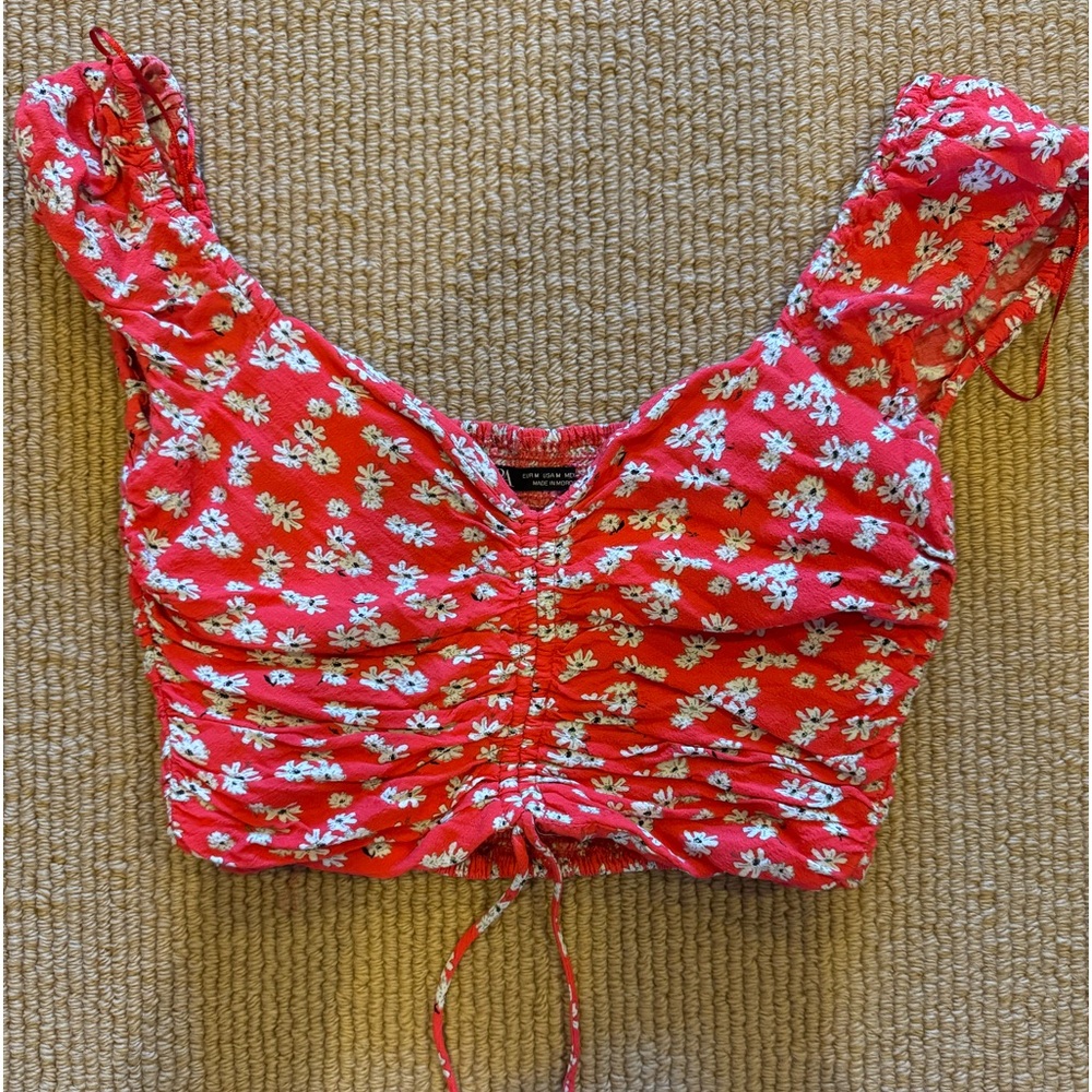 Zara Red Crop Top with White Flowers and Ruched Smocking